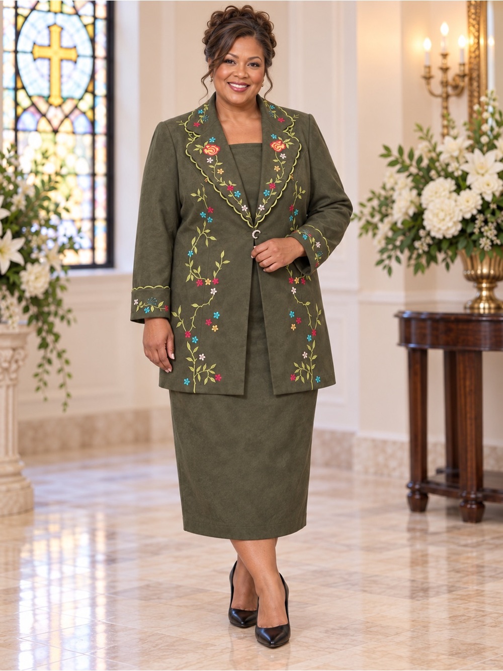 Vintage Stella Louise for KB 18W Olive Faux Suede Embroidered Skirt Suit